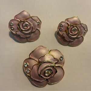 Brooch & Earrings Set of Pink Enamel w/Gold Outline and Crystal. NWOT (#62-001)